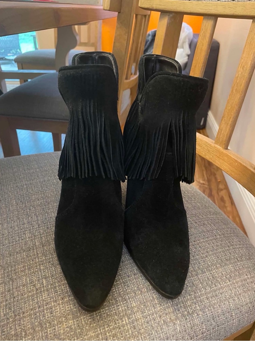 ANTONIO MELANI Black Suede Fringe Pointed Toe Ankle Booties